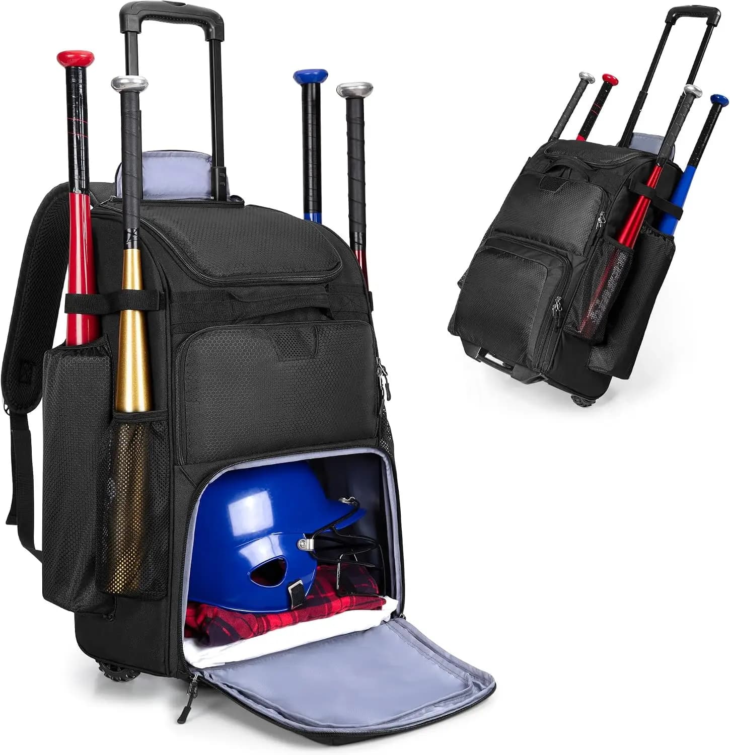 Rolling Baseball Backpack With Wheels Heavy Duty Softball Gear Equipment Bag Holds Four Bats With Shoe Compartment Fence Hook And Detachable Straps Portable Sports Backpack Black