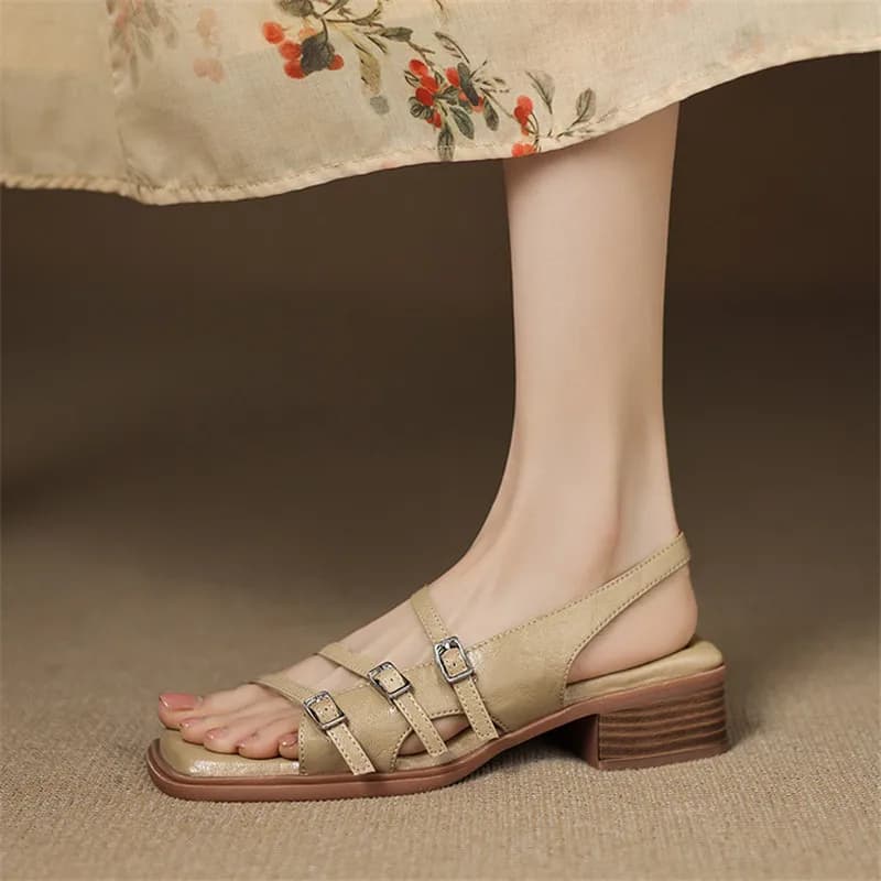New Summer Sandals Split Leather Women Shoes Square Toe Sandals for Women Fashion Belt Buckle Chunky Heel Sandal Gladiator Shoes