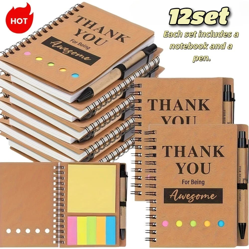 12pcs Spiral Notebooks with Sticky Notes Colored Index Tabs Bulk Memo Pads with Bamboo Pen for Students Team Teacher Gifts