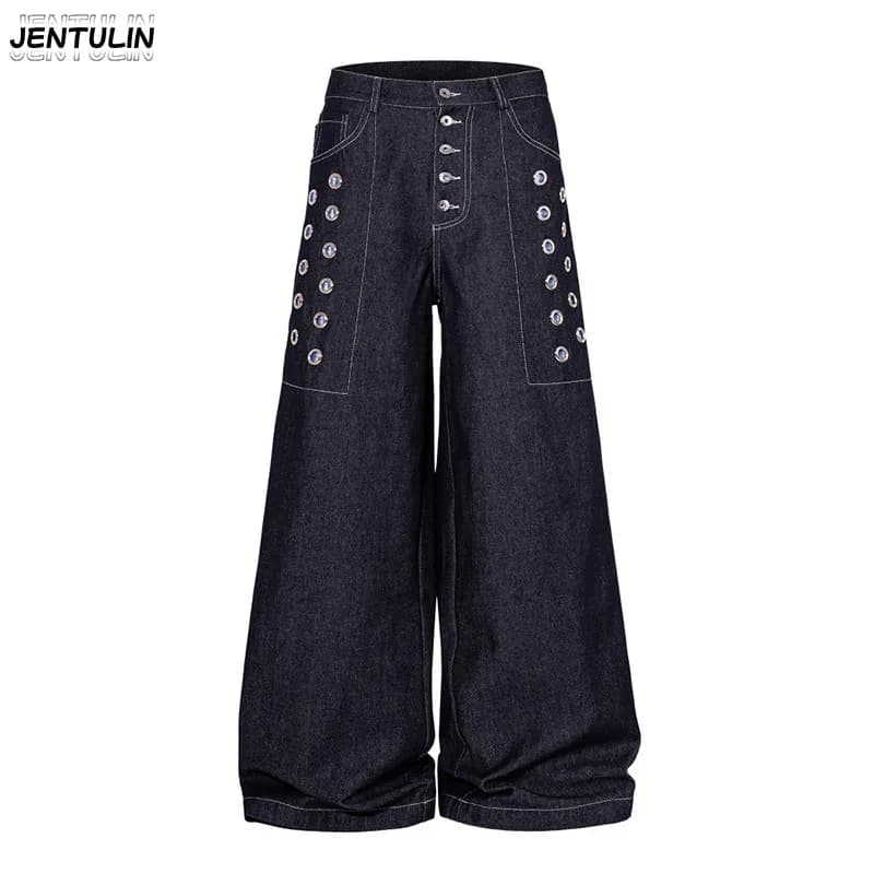 American High Street Metal Eyeliner Plaid Splicing Wide Leg Jeans For Men With Multiple Breasted Hollow Denim Pants