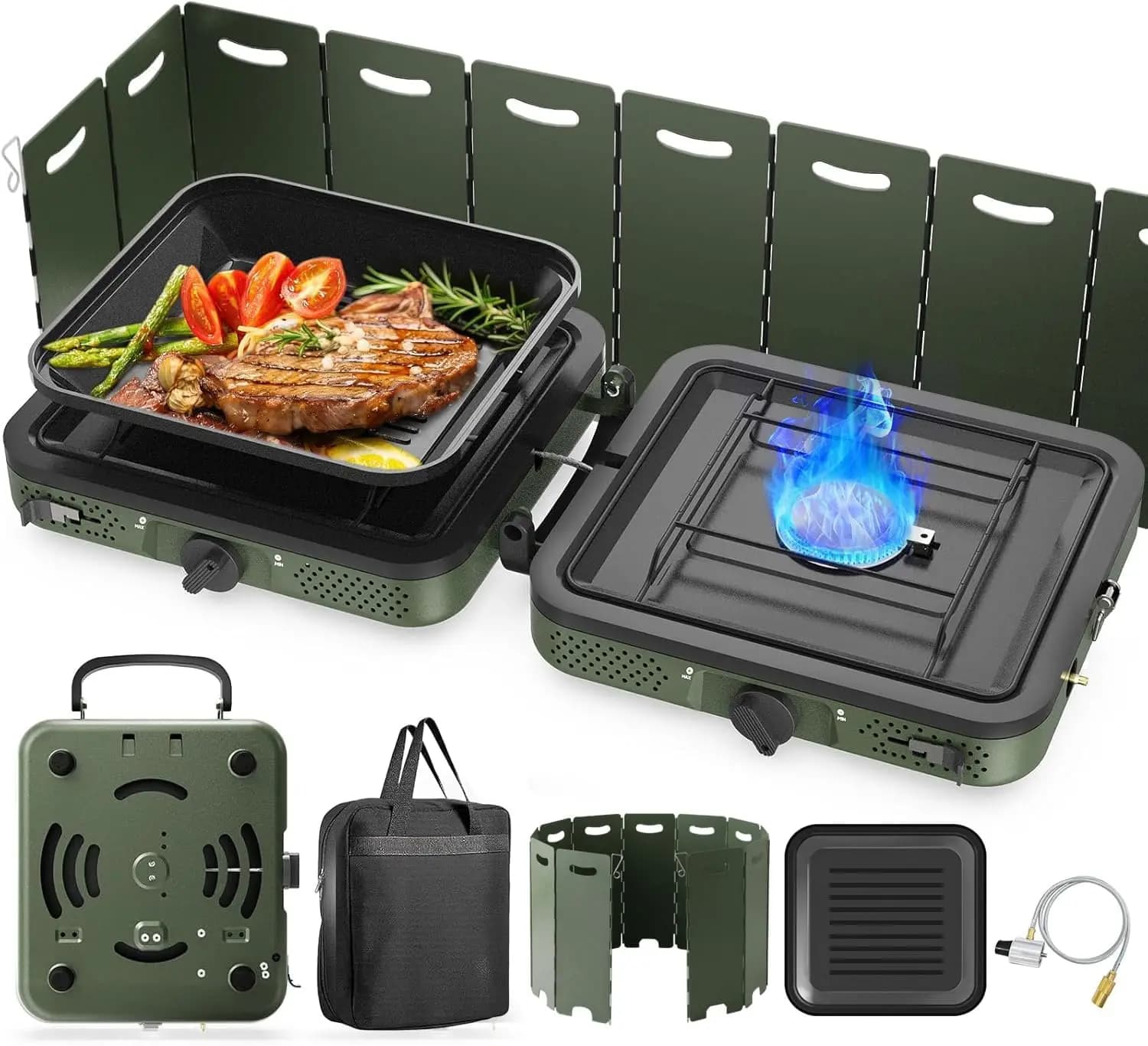 Fornello da Campeggio a 2 Fuochi con Griglia, 17000 BTU, Pieghevole, Portatile con Borsa per il Trasporto e Paravento, Accensione Piezoelettrica