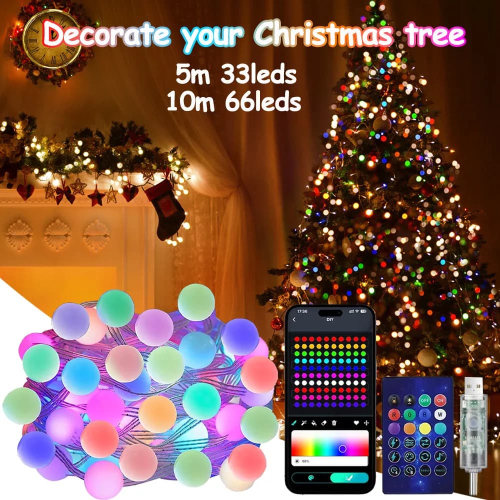 Lucine natalizie intelligenti da 10 m/32,8 piedi, luci a forma di globo 66 LED per interni ed esterni, sincronizzazione musicale per l'arredamento dell'albero di Natale