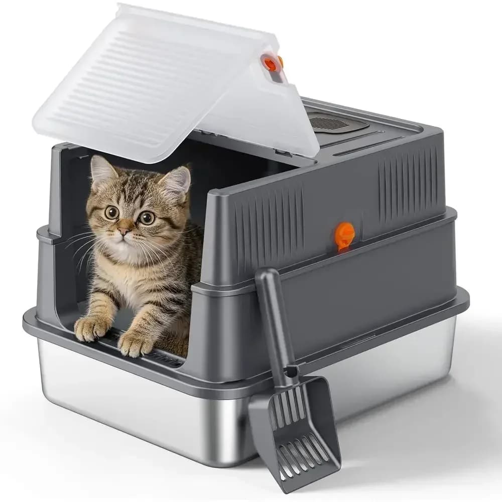 Enclosed Stainless Steel Litter Box with Lid for Small Cats, High Sided Enclosure & Scoop, Odor Control, Anti-Leakage, Grey