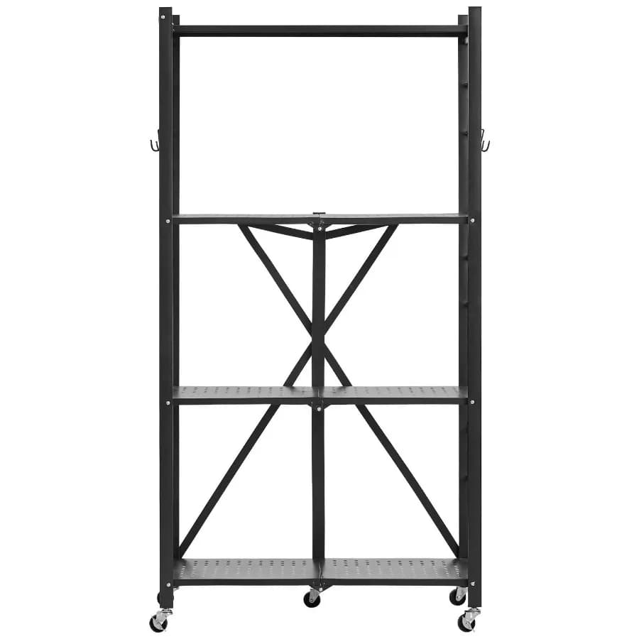 Scaffale pieghevole a 4 ripiani 28W x 13D x 54H pollici, scaffalatura metallica pieghevole senza montaggio, scaffale organizer con 5 ruote 4