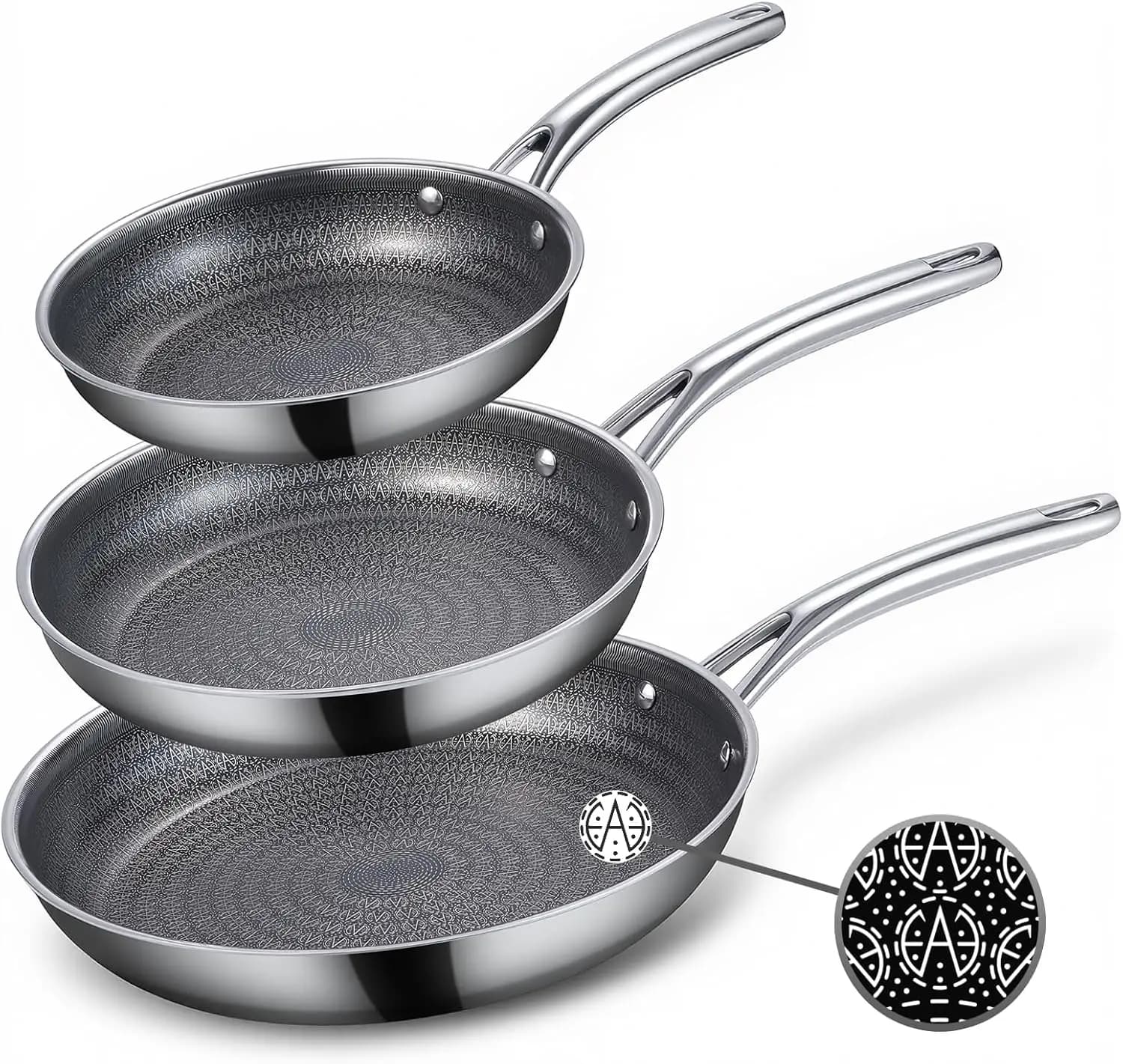 Set of 3 Stainless Steel Plates: 8", 9.5", 11" Anti-agents, Compatible with Induction, Chefs with Black Interior