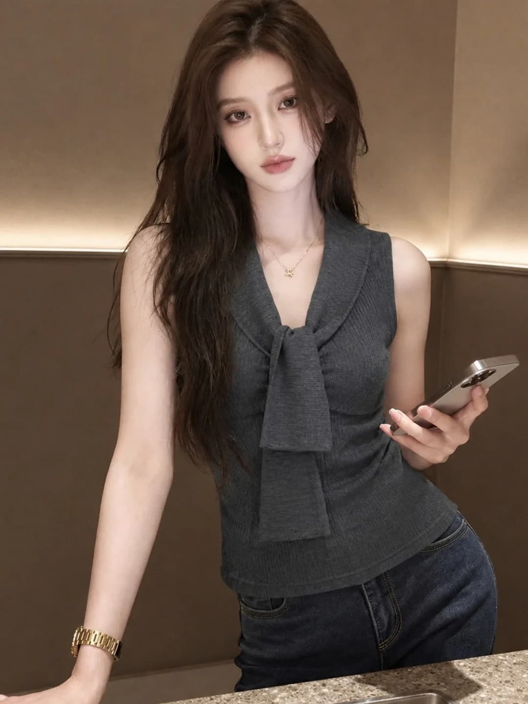Korean Style Slim Fit Ice Silk Knitted Vest Women's Summer Casual Sleeveless Belted Top Versatile Fashionable Design Sensation