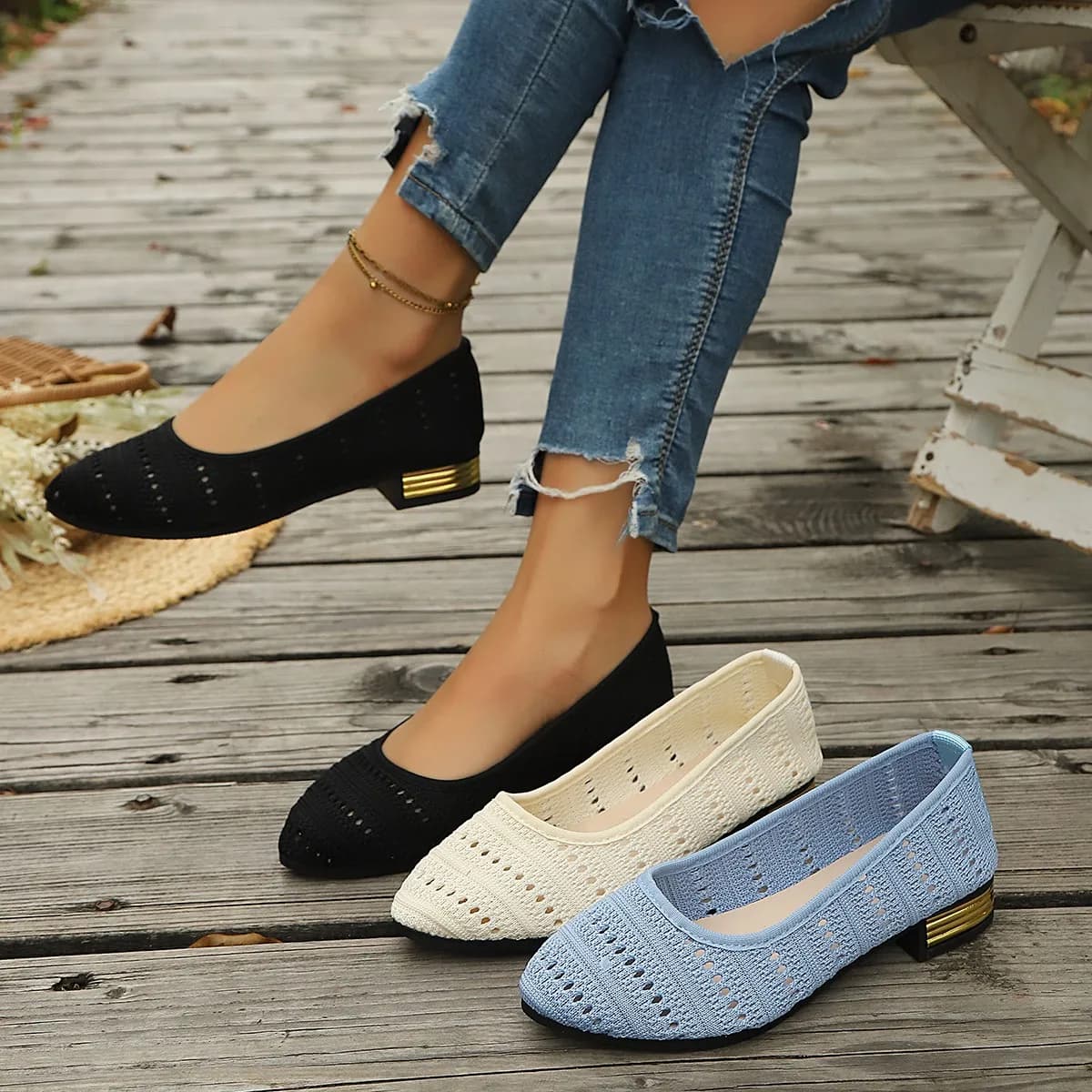 Scarpe Basse da Donna a Punta Tinta Unita, Scarpe Slip-on in Maglia Traforata, Mocassini Casual Traspiranti da Donna