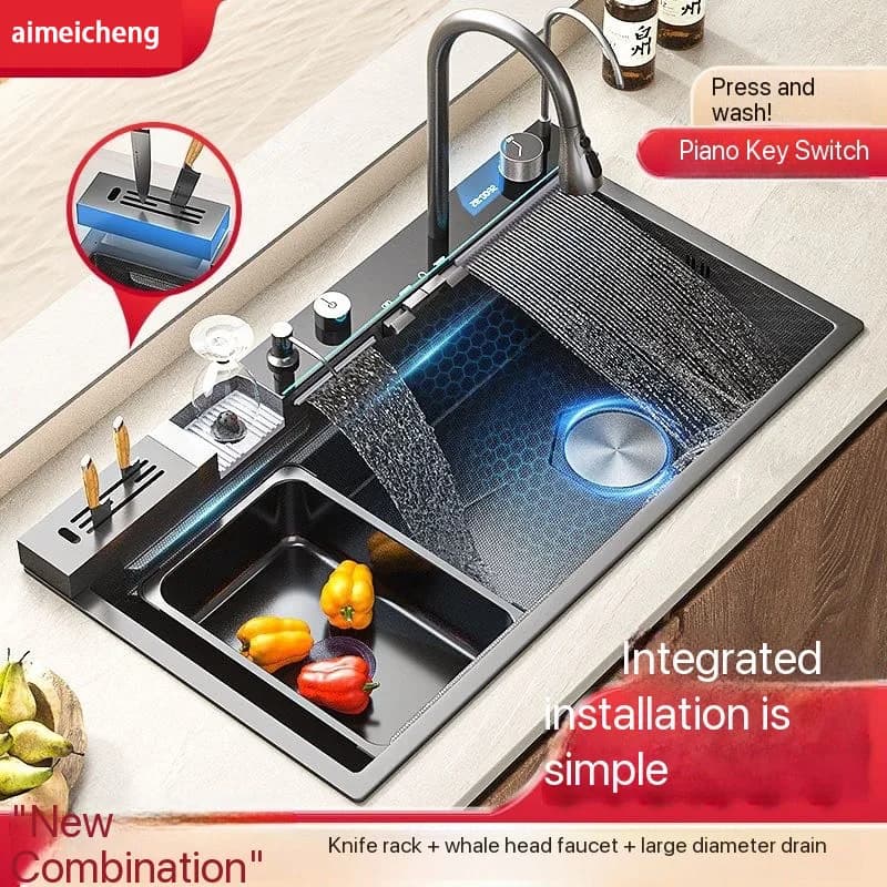 Integrated Waterfall Kitchen Faucet Honeycomb Technology Wide Digital Display Stainless Steel Soap Dispenser Washrooms