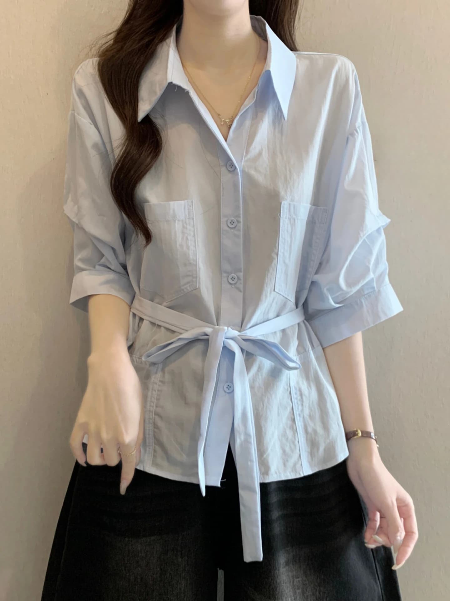 Slimming Belted Short Sleeve Shirt Women's Summer New Large Size Collar Base Shirt Korean Style Commute Wind
