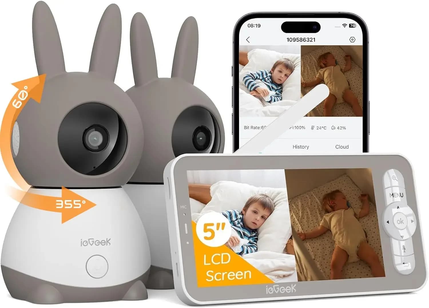 Baby Monitor 2K con Schermo Diviso, Baby Monitor Audio da 5 Pollici con 2 Telecamere, Video WiFi per Smartphone, Doppia Telecamera, Visione Notturna, Rilevamento Movimento e Crying Detection