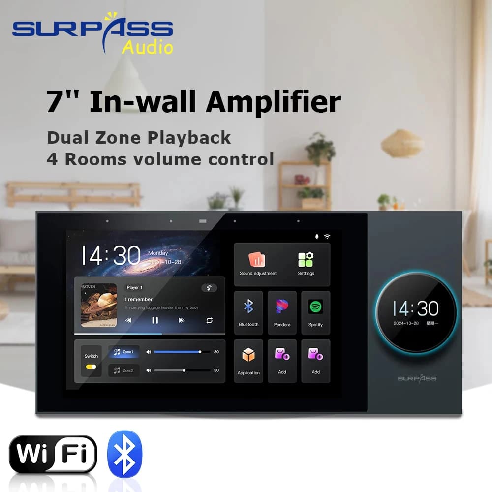 Home 4 Zone Audio Amplificatore da parete 7 pollici Android 11 Alexa Voice Tuya Smart Home Pannello di controllo 8x30W Canale WiFi Amplificatore da parete