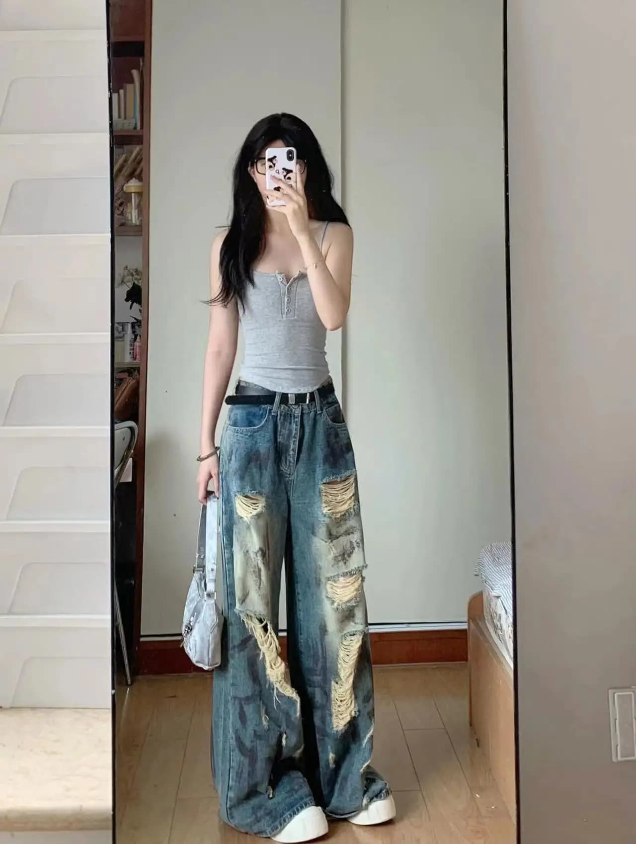 Loose Wide Leg Jeans Women's Summer New Style American Retro Spicy Girl Lazy Style High Waist Long Pants Floor-Length
