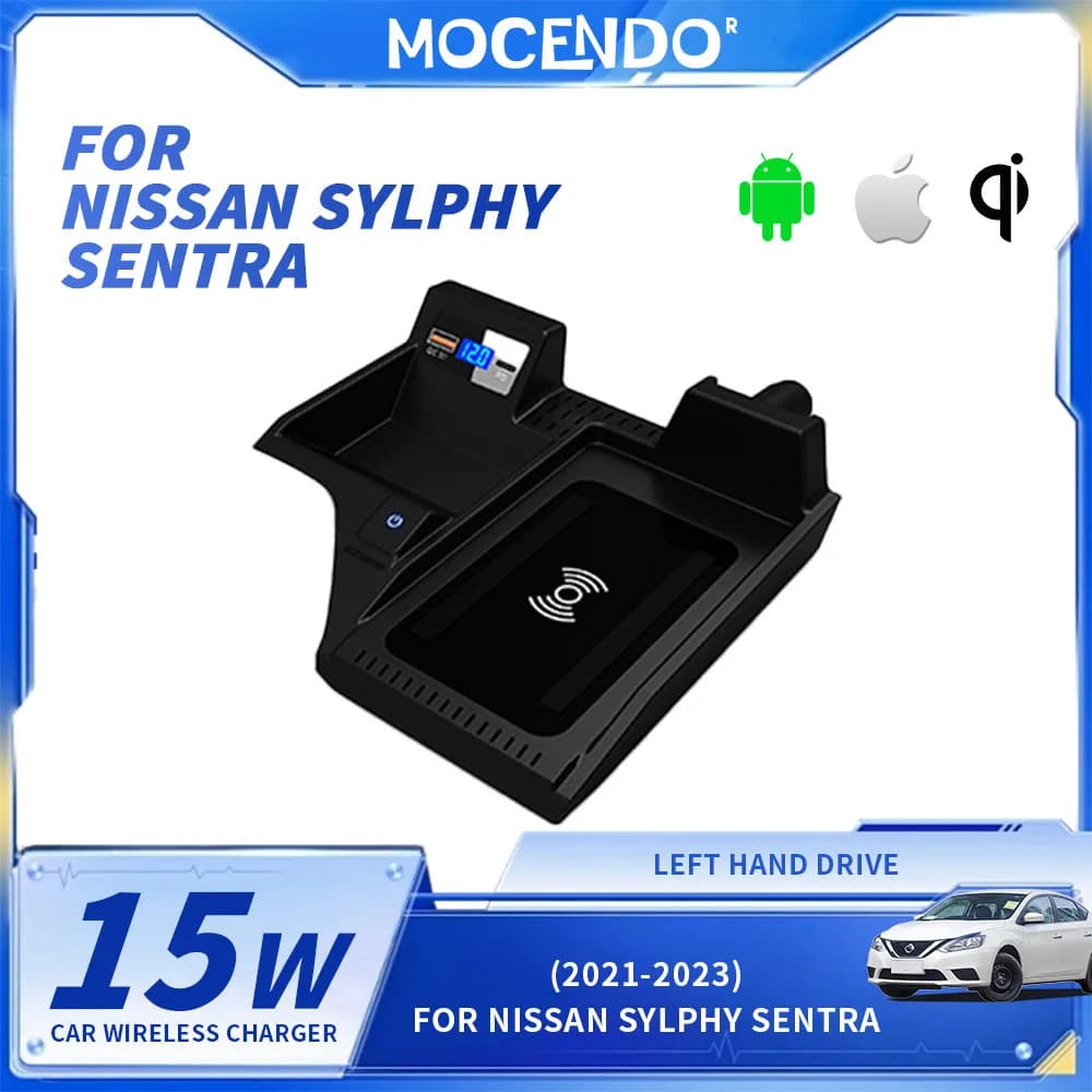 Per Nissan Sylphy Sentra 2020 2021 2022 2023 Caricatore wireless per telefono da auto 15W, supporto per ricarica rapida, pad di ricarica