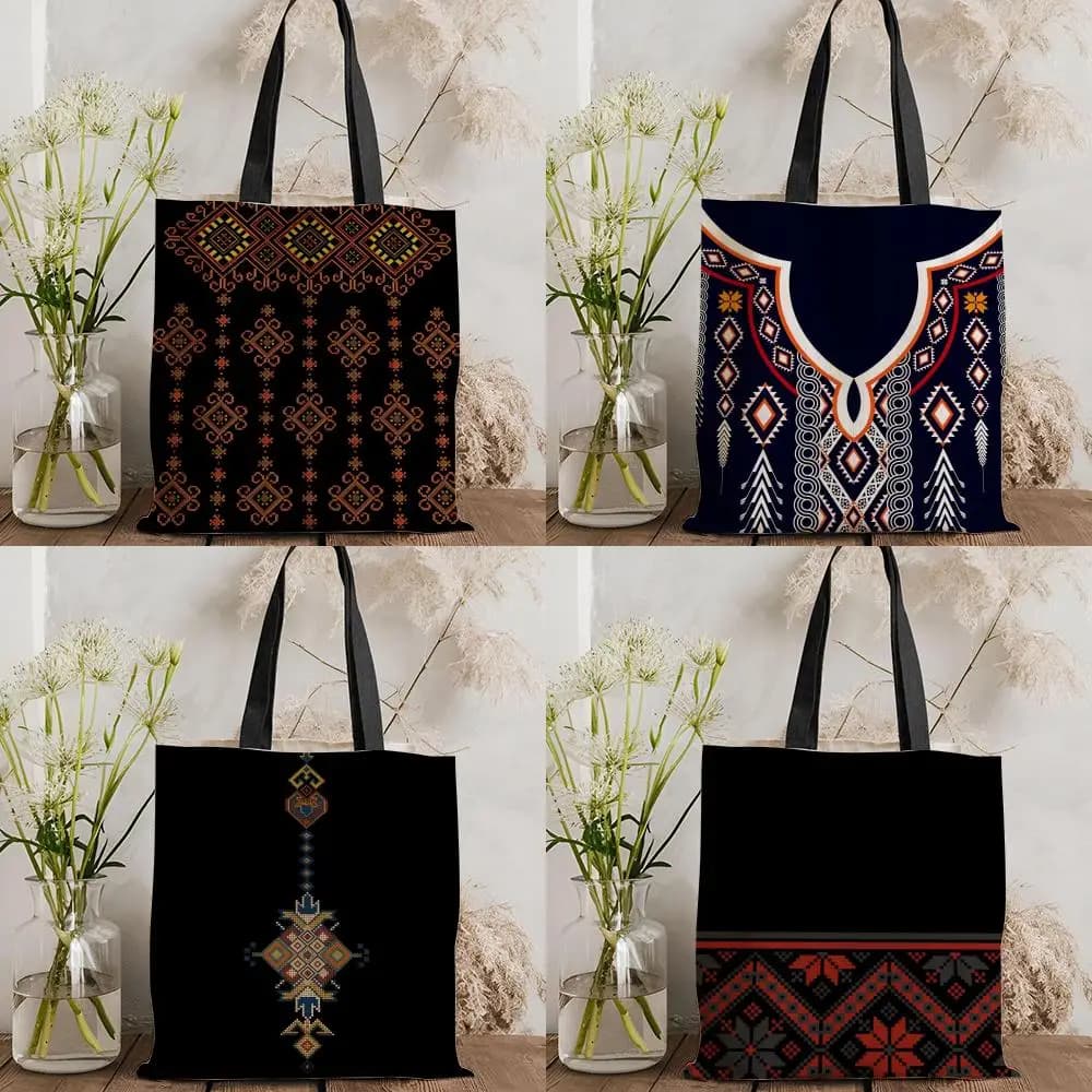 Borse portaoggetti con motivi floreali etnici classici, borsa tote in tela stampata su entrambi i lati, ecologica, riutilizzabile, di grande capacità.