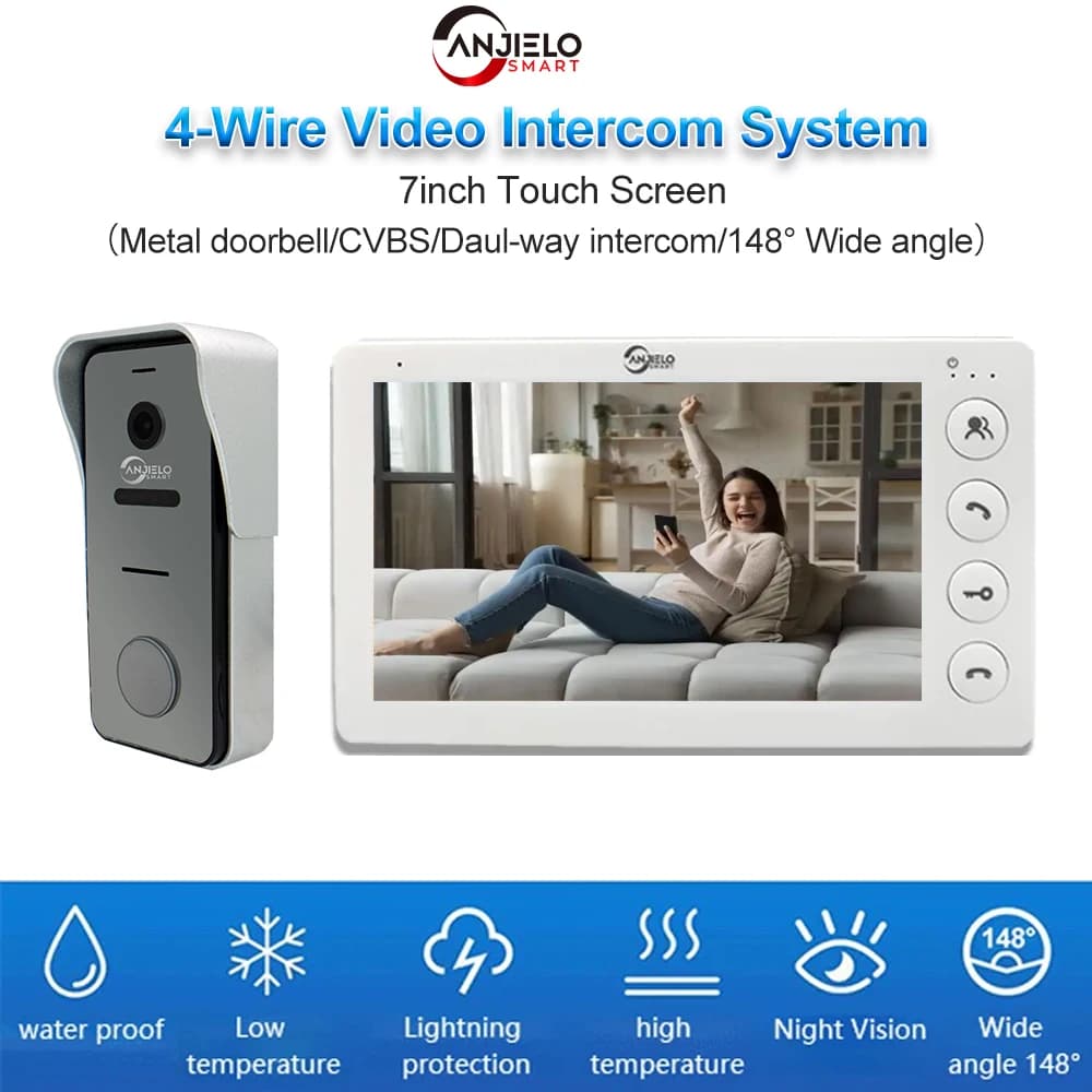 ANJIELO Sistema campanello video da 7 pollici a 4 fili con visione notturna 148 ° obiettivo grandangolare Fotocamera AHD 1080P Protezione di sicurezza