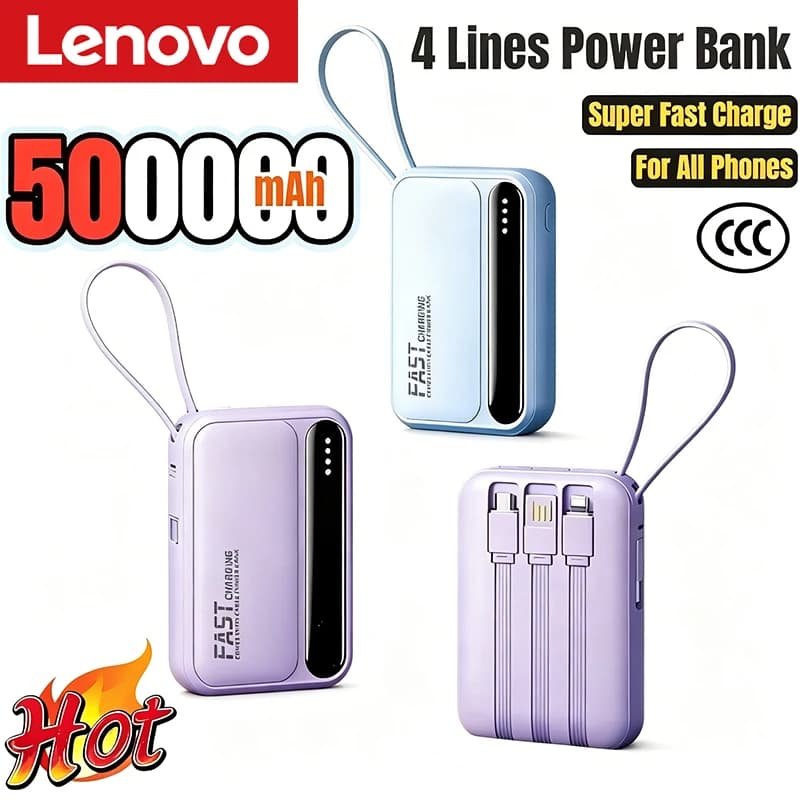 Lenovo 500000mAh Power Bank Built in 4 Lines Large Capacity Super Fast Charging Portable External Battery for All Phones 2026