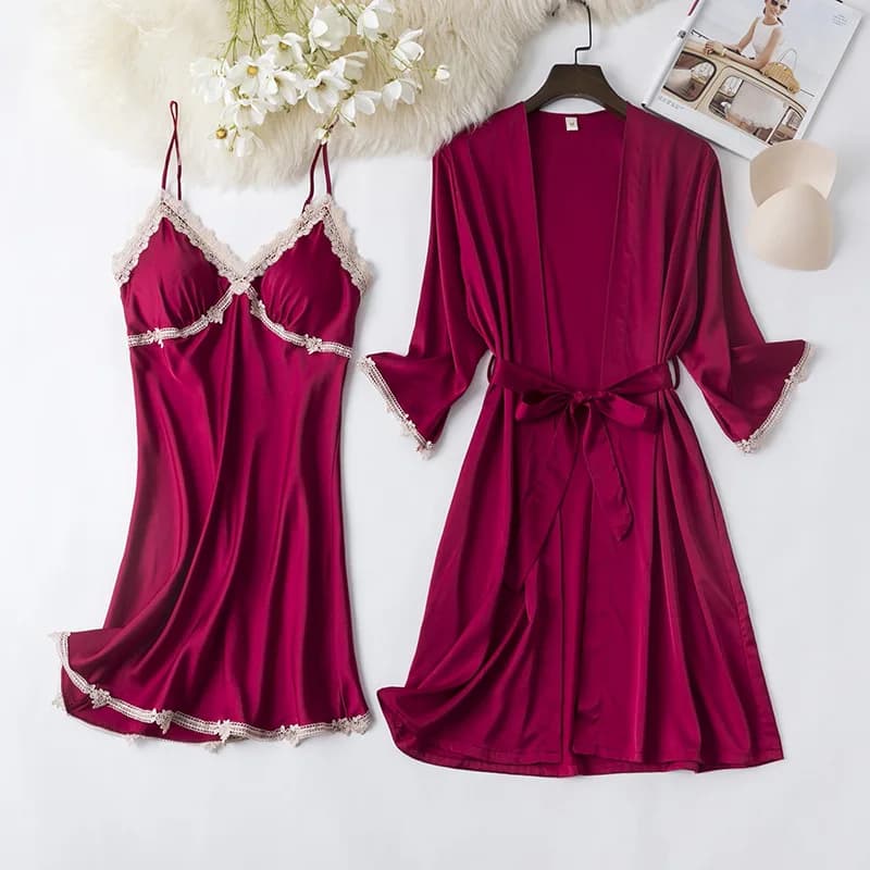 2PCS Lace Bathrobe Gown Set Rayon Kimono Nightgown Lingerie Summer Women Nighty&Robe Suit Sleepwear Loungewear
