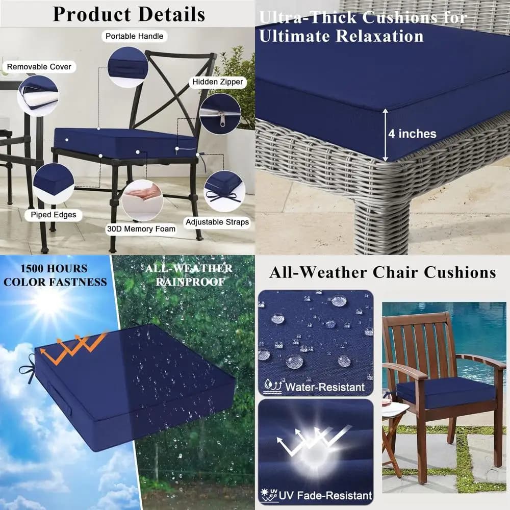Set of 2 waterproof cushions for outdoor chairs, 24x24x4 inch, blue, with clamps and handle