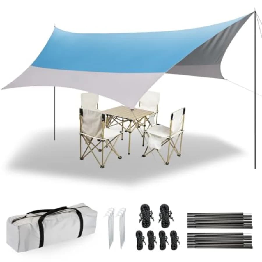 Telo da Campeggio 12X14FT con 2 Pali, Protezione UV UPF50+, Tenda Leggera per Auto, Riparo dal Sole, Telo Impermeabile PU3000 per Campeggio, Escursionismo e Biking