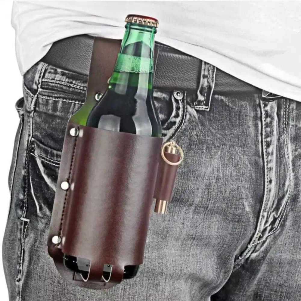 Fondina in vita per bottiglia di birra in pelle PU Stile appeso in vita con portapenne Bottiglie di vino Portabevande Borsa da cintura per tazza in pelle
