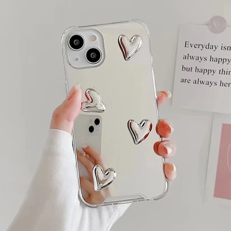 Korean Style Love Heart Soft Silicone Case For Samsung Galaxy S25 S23 S22 Ultra Plus S24 FE A56 A36 A16 A06 Silvery Mirror Cover