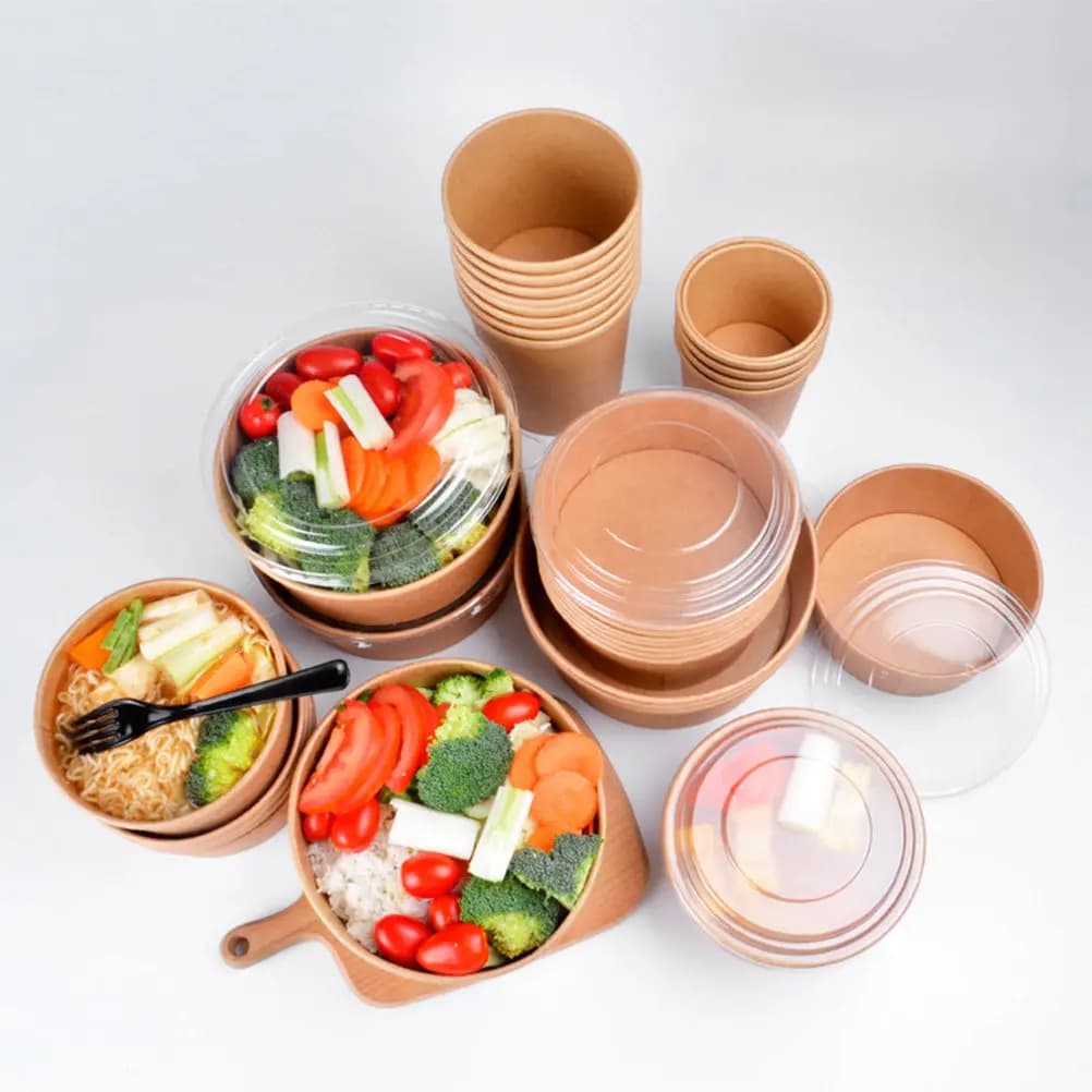 50Pcs Kraft Paper Bowls Disposable Leakproof Food Containers Round Takeout Boxes Ideal for Meal Prep Party Salad Snacks