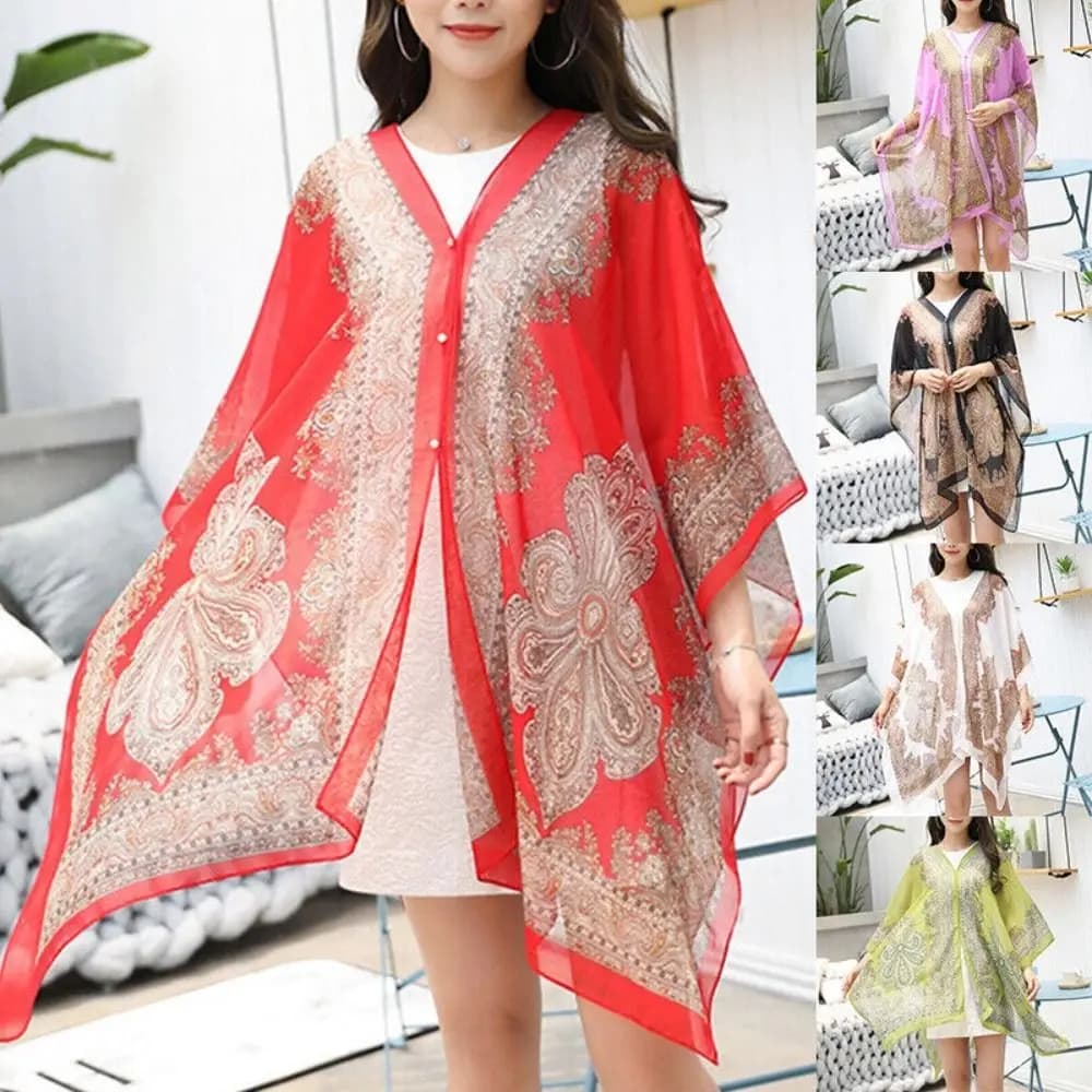 Sciarpa in chiffon alla moda, taglia unica, poncho con scollo a V, caftano boho, top da spiaggia