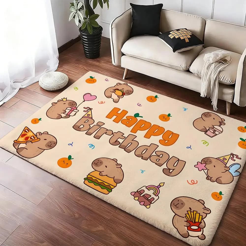 Cartoon Cute Capybara Birthday Floor Mat Soft Thickened Absorbent Non-Slip Bedroom Living Room Door Mat Home Decor Flannel Rugs