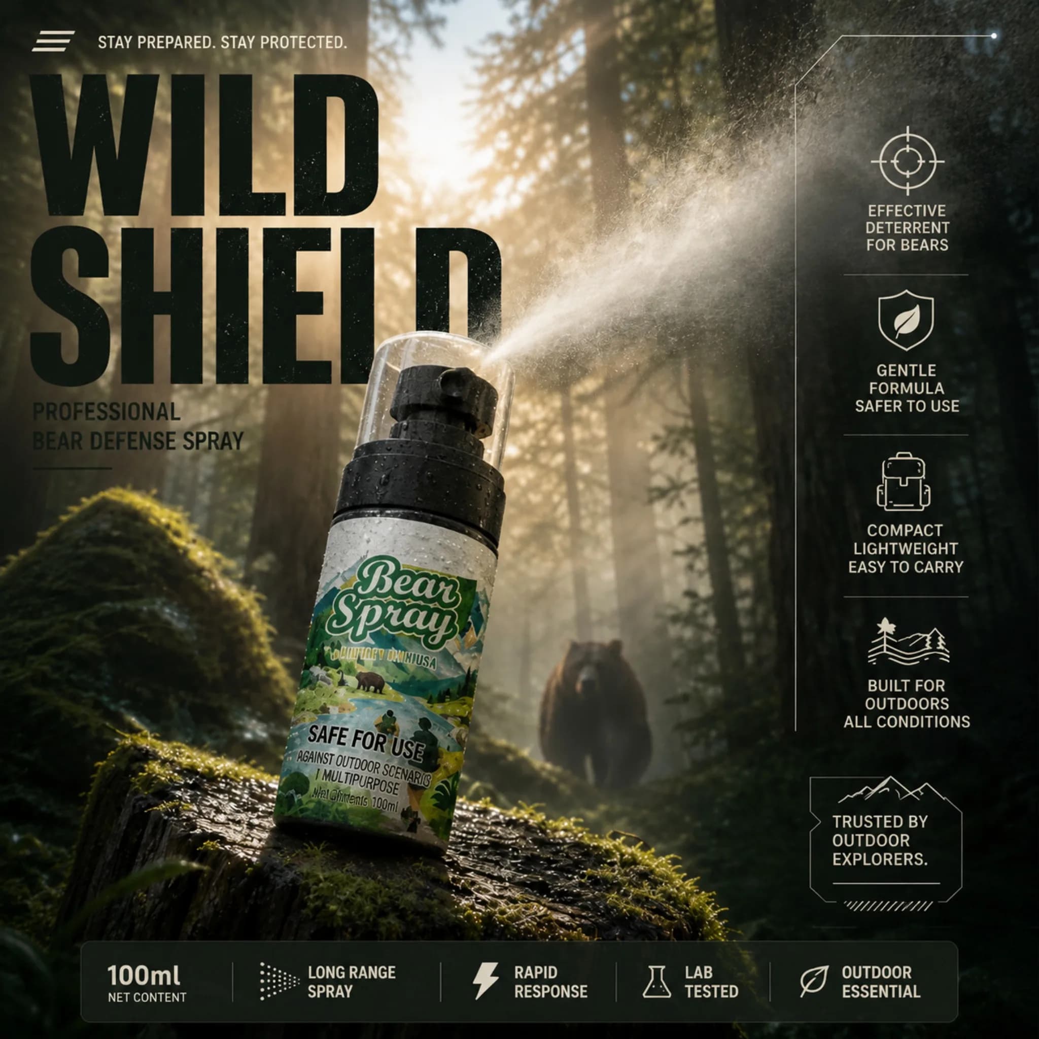 New Bear Dog Deterrent Pepper Oil Non-Lethal 100ml Wildlife Repellent Spray Safety Lock Camping Hiking Forest Animal Gear