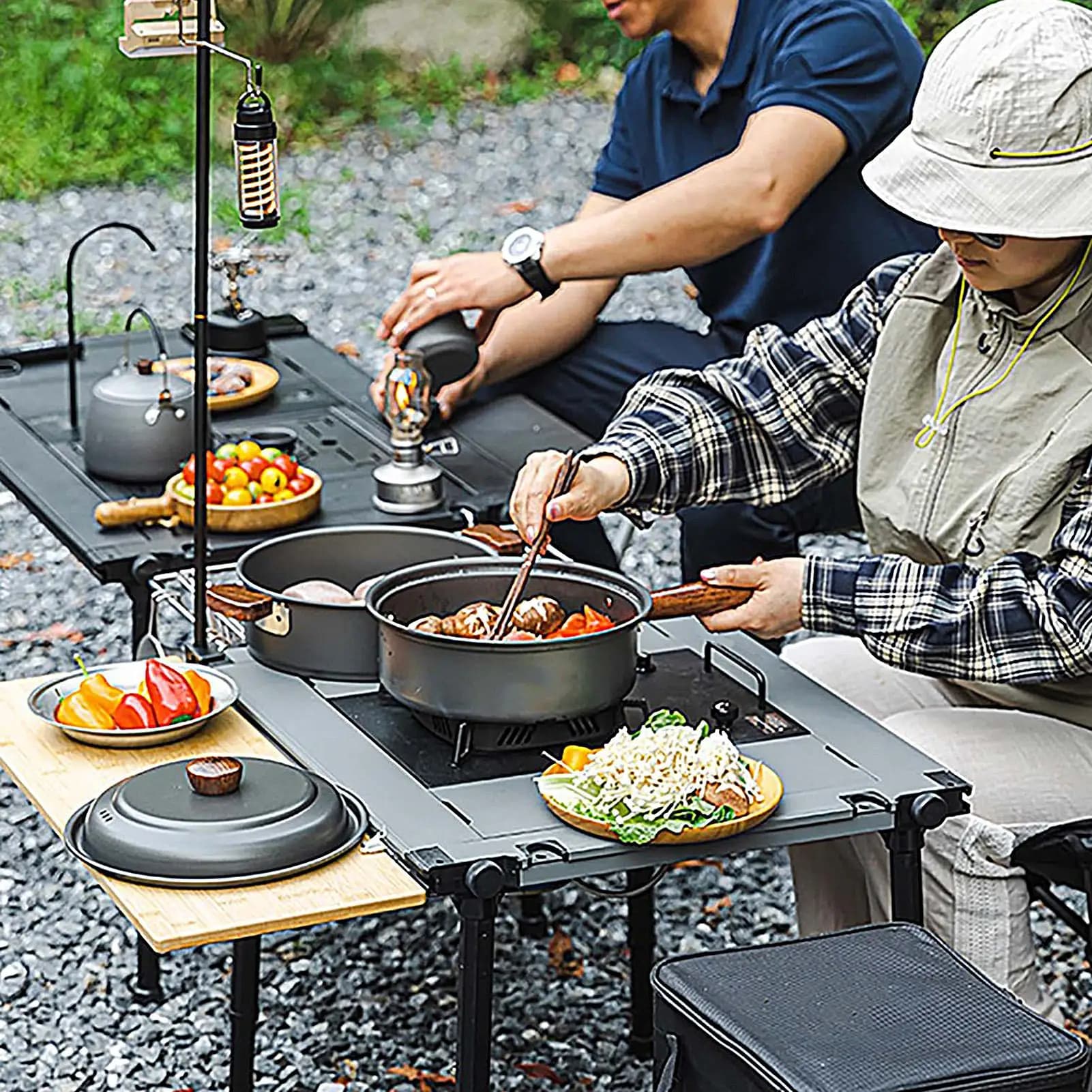 Padella da Campeggio Portatile Leggera con Manico in Legno, Set da Cucina con Vaporiera per 2-3 Persone, Ideale per Picnic, Escursioni e Backpacking