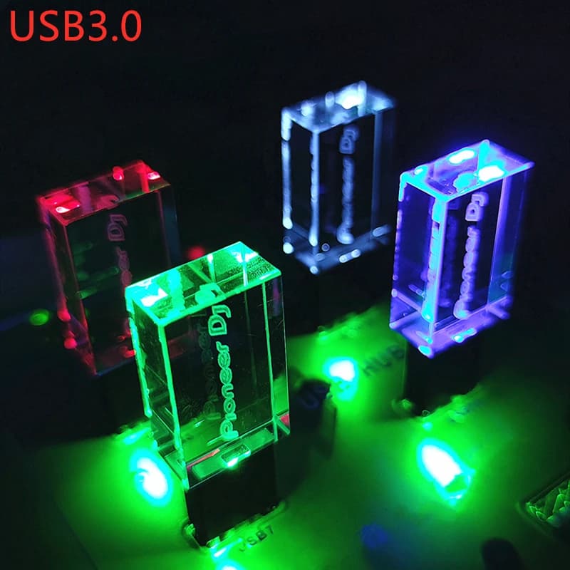 Unità flash ad alta velocità USB 3.0 in cristallo di metallo DJ con luce LED a colori 128 GB 64 GB 32 GB 16 GB e confezione regalo nera