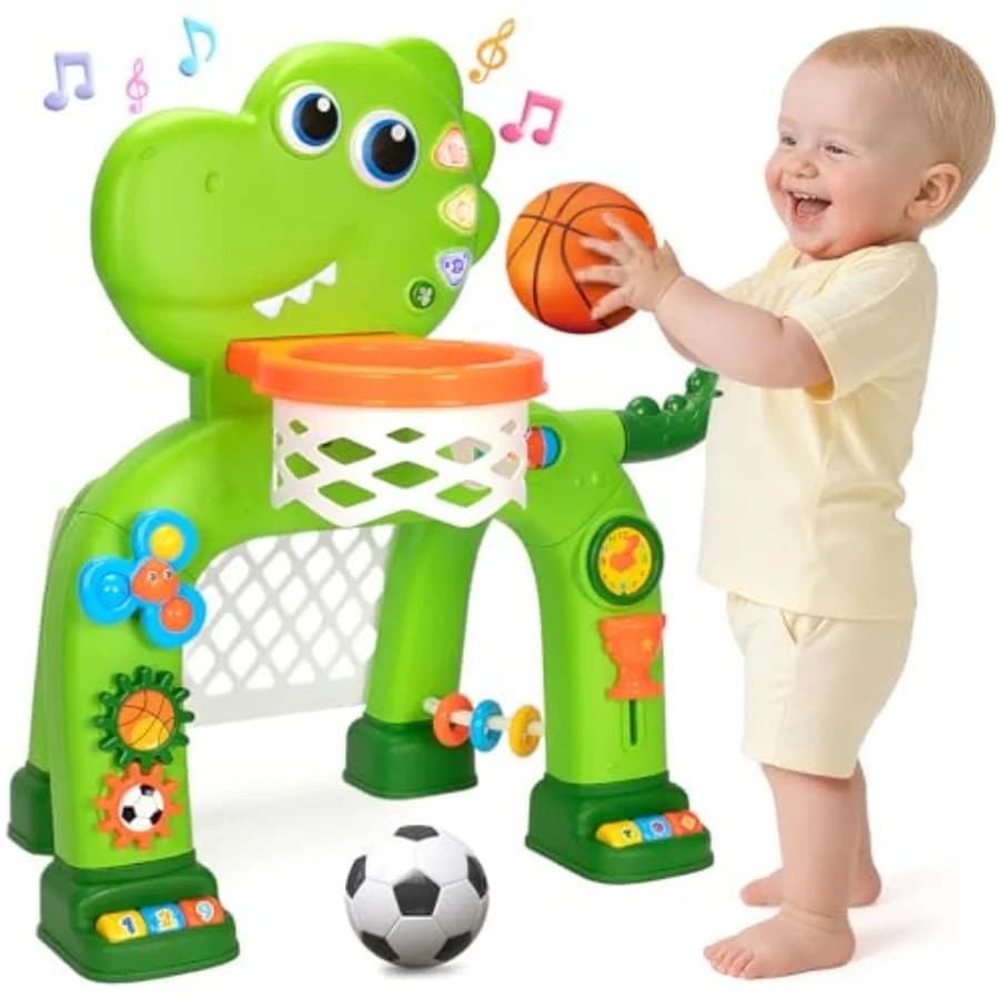 Basketball and soccer door for children, sports toys for children of 1, 2, 3 years, males and females, with lights, sounds, music, dinosaur-shaped toys