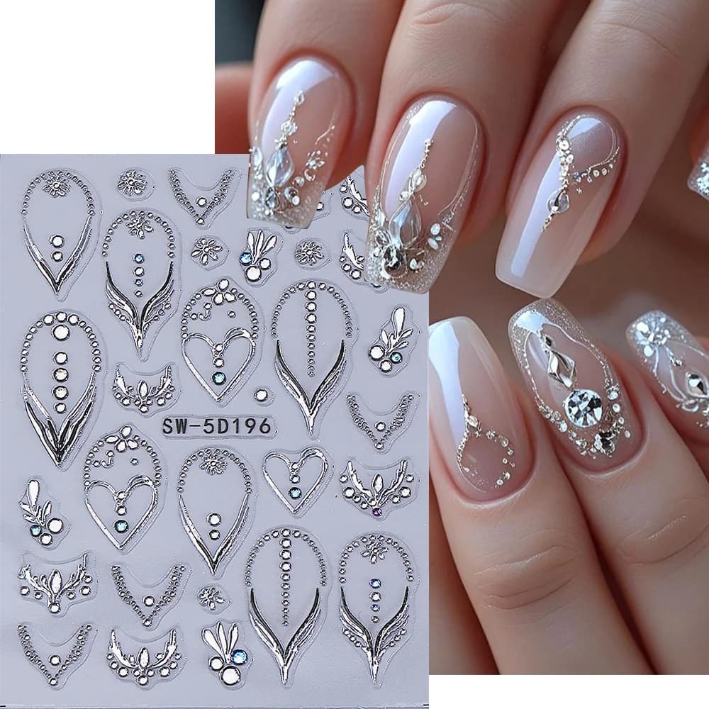 Adesivi per Unghie a Forma di Cuore, Design di Lusso con Motivo a Collana, Finitura in Gel, Materiale PET Ricamato, Decorazione per Matrimoni