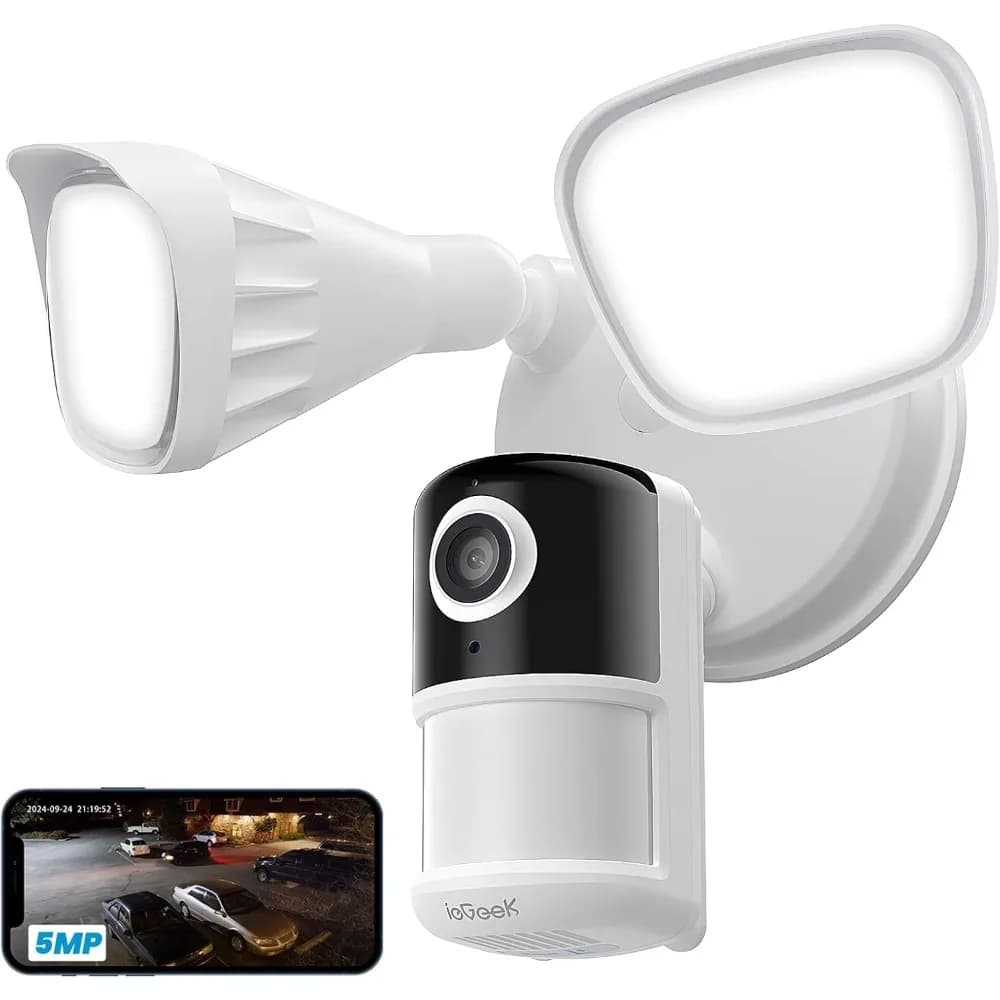 Telecamera con proiettore iegeek, luce di sicurezza domestica esterna da 5 MP con telecamere, telecamera con luce di inondazione cablata wifi 5 g/2,4 g con sensore di movimento intelligente