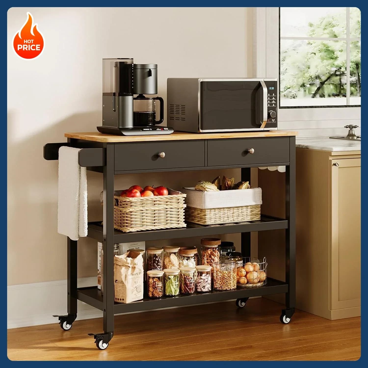 Best Seller! Carrello da cucina con ripiani, piano in legno da 40'', 2 ripiani spaziosi e portasciugamani, carrello mobile a 2 cassetti