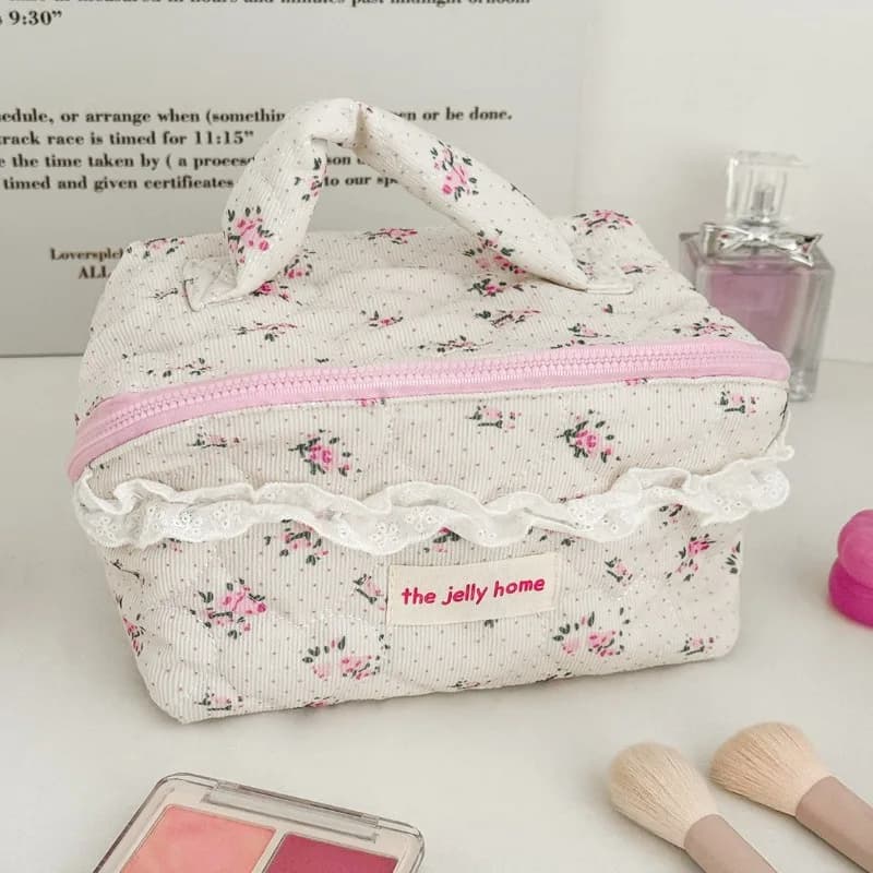 Corduroy Makeup Bag Floral Cosmetic Pouch Large Capacity Travel Toiletry Bag Skincare Storage Hand Brush Beauty Organizer Case