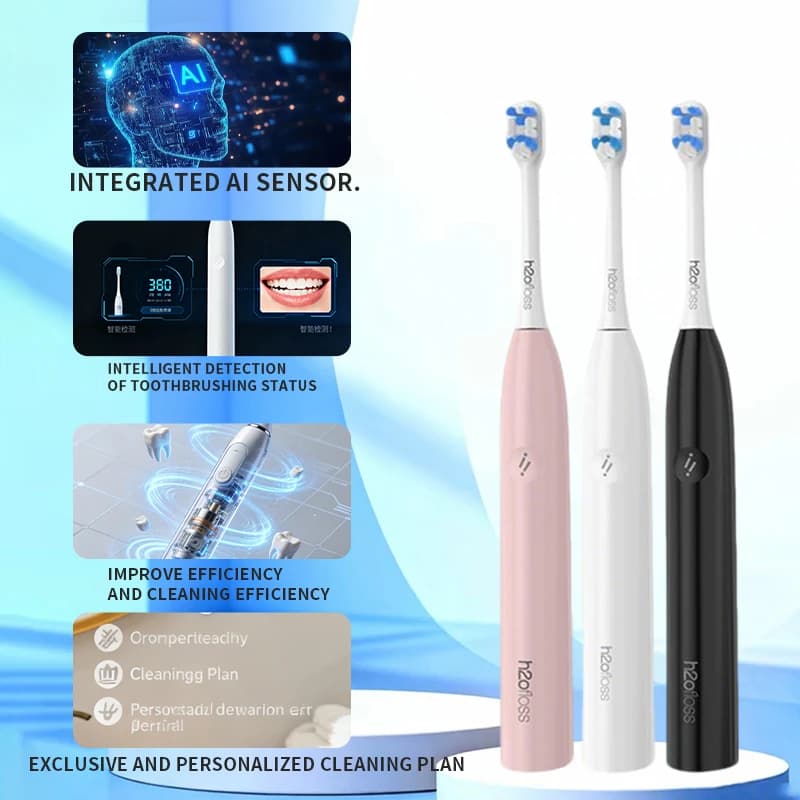 Spazzolino elettrico H2ofloss 38000 VPM con sensore AI 6 modalità Durata della batteria di 90 giorni IPX7 Impermeabile per la pulizia dei denti