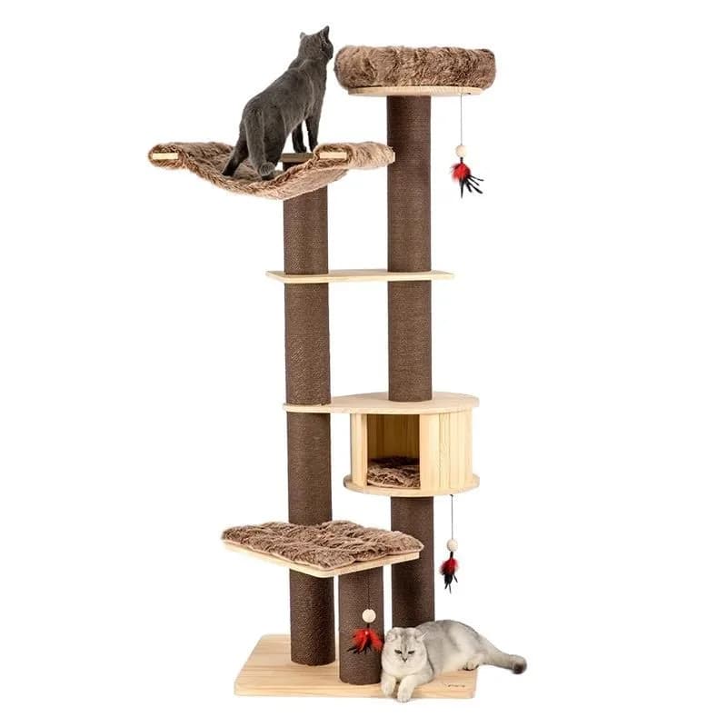 Tiragraffi per gatti, cuccia per gatti, albero per gatti, integrato, tiragraffi in legno massello di pino
