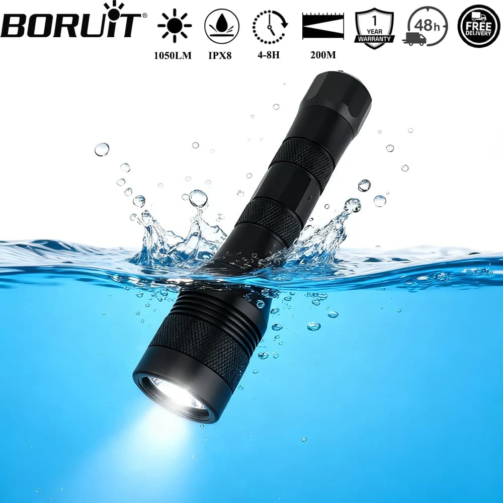 BORUiT DIV01 1050LM Subacquea 150m LED Torcia subacquea IP68 Impermeabile Lanterna sottomarina Luce subacquea