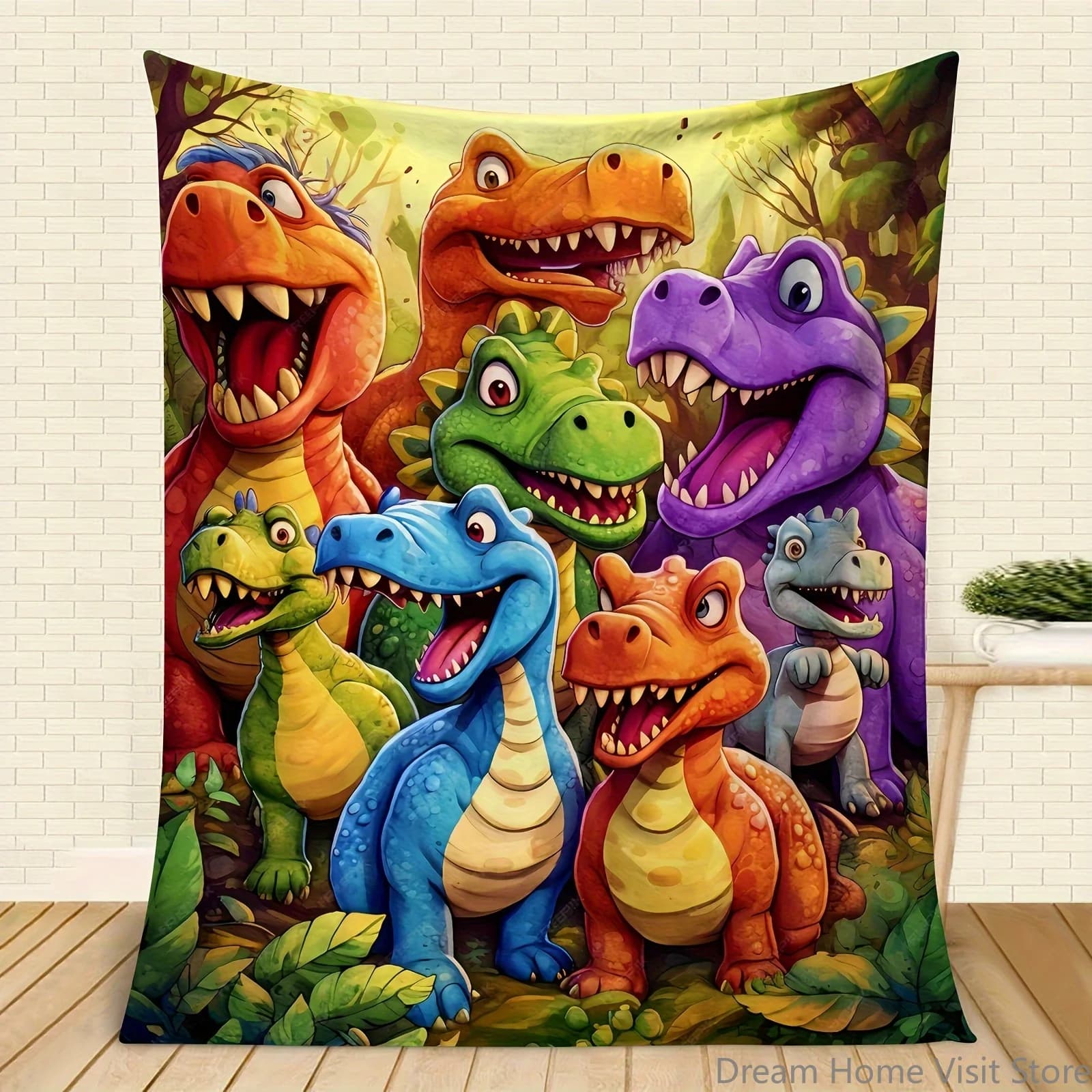 Coperta da tiro in flanella Simpatici dinosauri sorridenti Stampa digitale HD, adatta per divani, letti, uffici, viaggi, sedie da campeggio, coperta calda