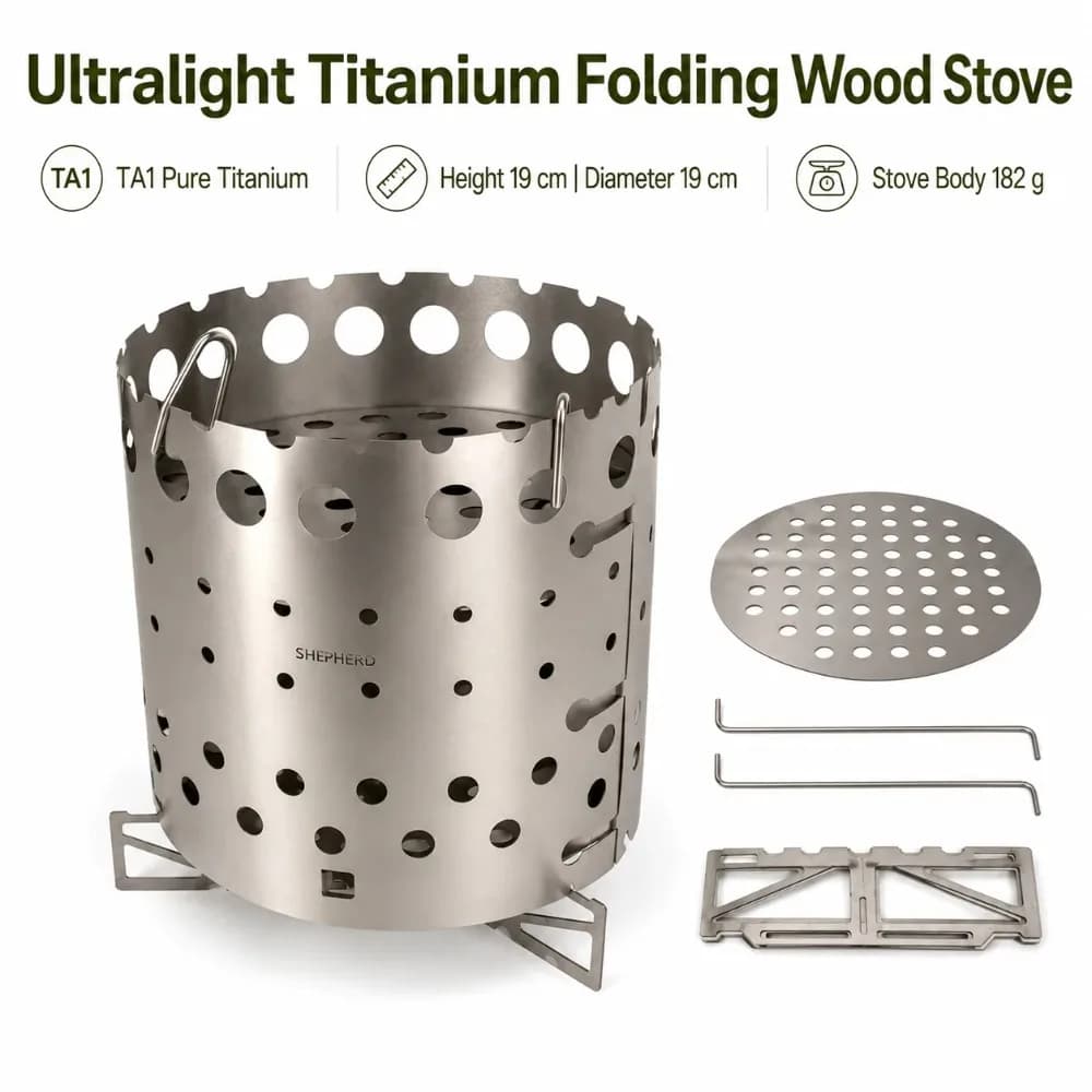 Ultralight TA1 Titanium Wood Burning Stove Foldable Camping Stove Card Furnace for Backpacking Bushcraft Hiking Outdoor Cooking