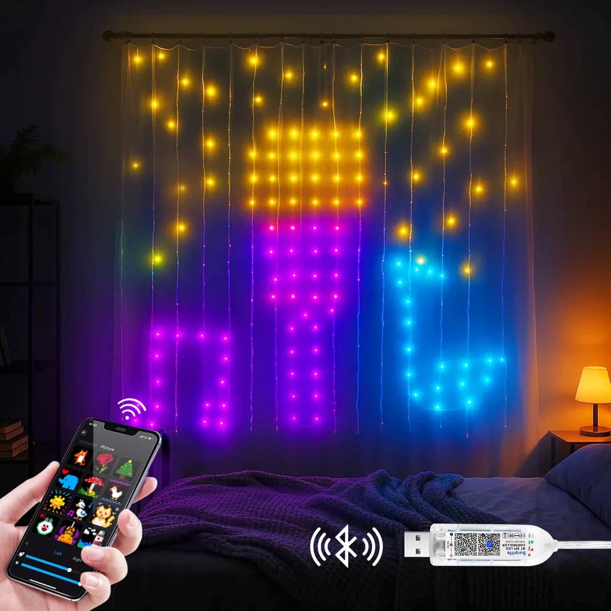 Luci a stringa LED fata colore da sogno USB Bluetooth RGBIC Ghirlanda per tende indirizzabili fai-da-te per decorazioni natalizie per matrimoni, feste in finestre