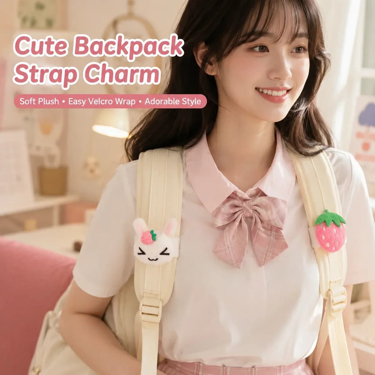 Strawberry Rabbit Plush Backpack Keychain, Velcro Strap Cartoon Pendant, Cute Plush Charm for Girls Bags