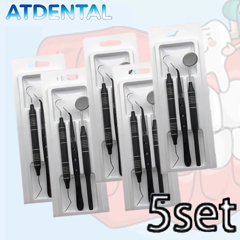 5pcs Dental Double Ended Mouth Mirror Probe Tweezers Tool Dentist Teeth Whitening Cleaning Kit