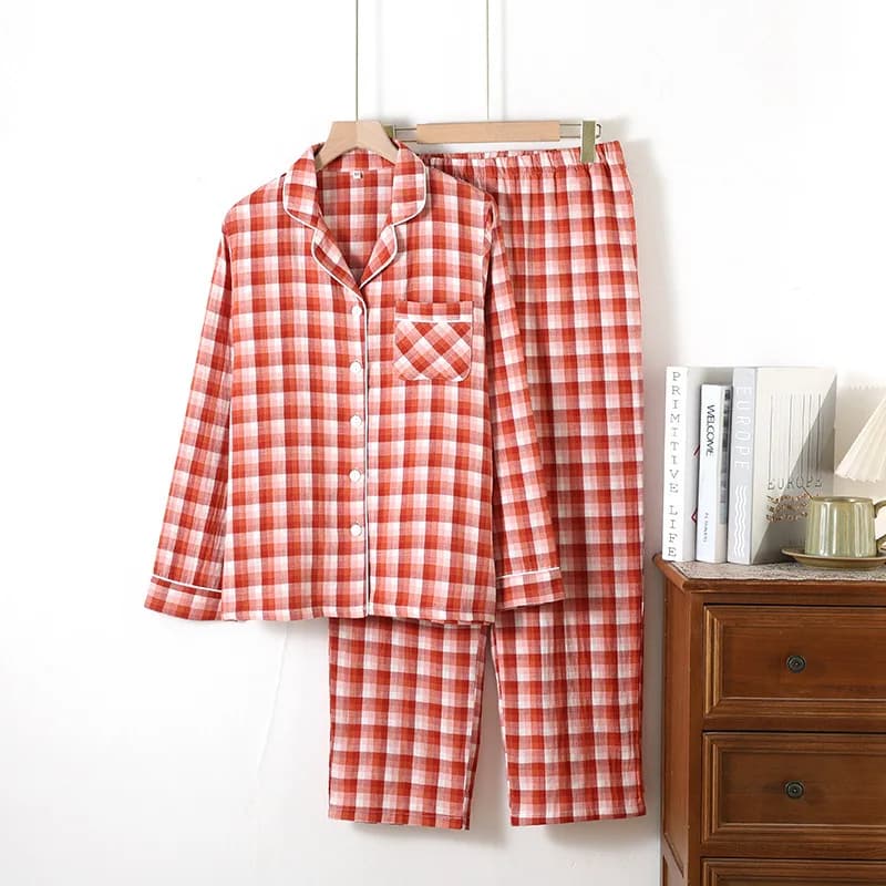 Cotton Double-layer Gauze Plaid Couple Pajamas Turn-down Collar Long Sleeve Trousers Loungewear Men's and Women's 2 Piece Sets