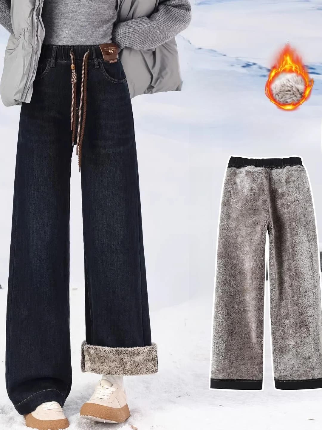 Women's Fleece Lined Straight Leg Jeans High Waist Wide Leg Pants Slim Fit Floor Length Trousers Spring Autumn Winter New Arr...