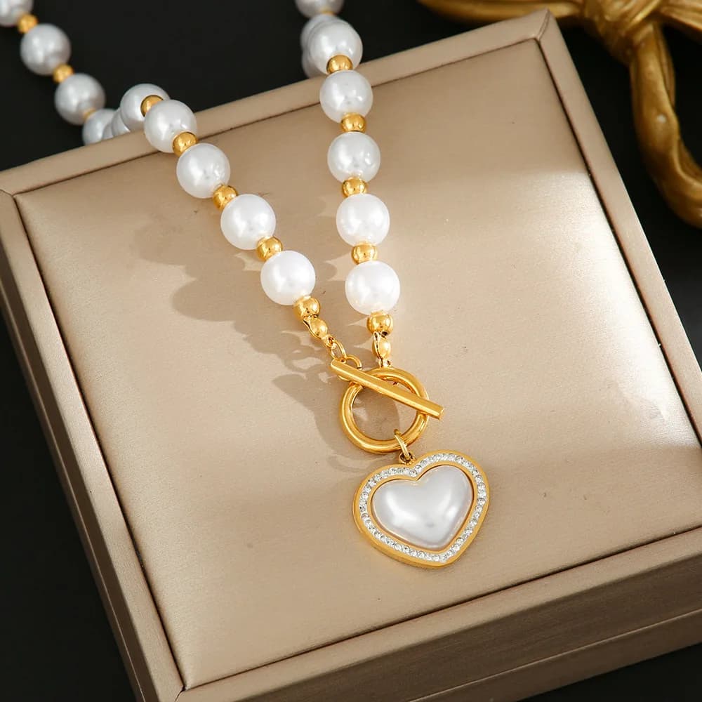 316L Stainless Steel New Fashion Fine Jewelry Pearl Heart Embed Zircon Virgin Mary Charm Chain Choker Necklace Earring For Women