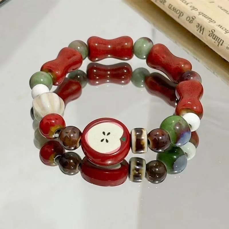 Handmade Apple Fruit Bone Beads Ceramic Bracelet, Stretchable ethnic Boho Jewelry, Unique Gift