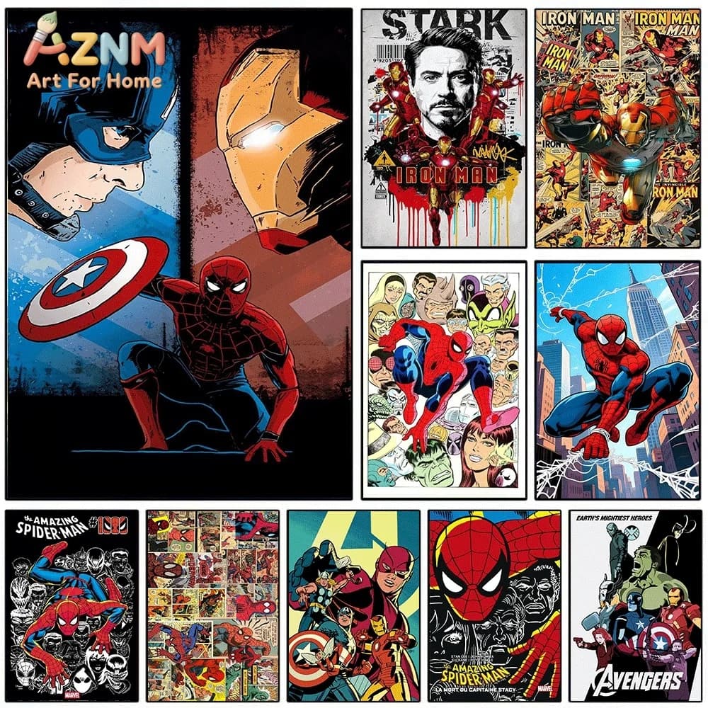 AZNM Captain America And Iron Man Face‑Off Retro Canvas Wall Print, Superhero Spider‑Man Crouch Pose Vintage Comic Pop Graphic