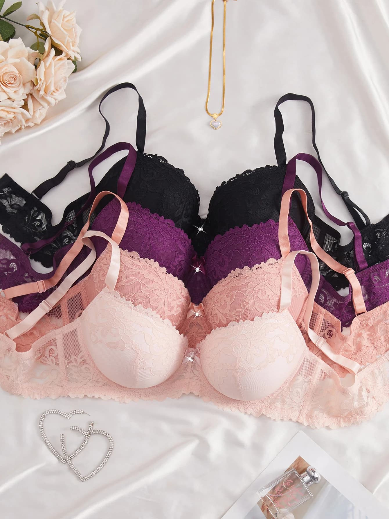 Set di 4 Pezzi di Intimo Femminile Plus Size con Pizzo Floreale, Reggiseno Push-up a Coppe Sottili con Supporto Laterale e Spalline Larghe